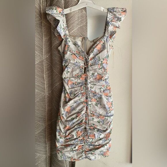 HOUSE OF CB London Kara Floral Mini Dress Ruched LaceUp Ruffle Sleeve Bodycon XS - Picture 6 of 17
